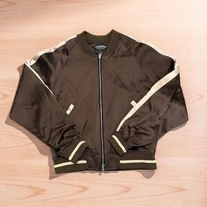 Frizmworks Viscose Satin Bomber Jacket Olive Brown Racing Stripe Mens Medium